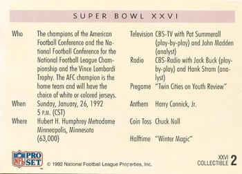 1991-92 Pro Set Super Bowl XXVI Binder #2 Super Bowl XXVI Back