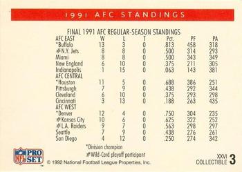 1991-92 Pro Set Super Bowl XXVI Binder #3 AFC Standings Back