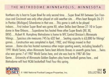 1991-92 Pro Set Super Bowl XXVI Binder #5 The Metrodome Back