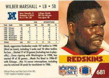 1991-92 Pro Set Super Bowl XXVI Binder #681 Wilber Marshall Back
