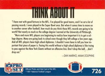 1991-92 Pro Set Super Bowl XXVI Binder #726 Dan Marino Back