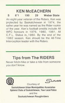 1982 Saskatchewan Roughriders Police Set #NNO Ken McEachern Back