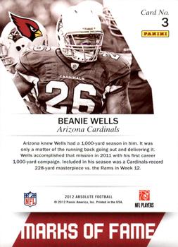 2012 Panini Absolute - Marks of Fame #3 Beanie Wells Back