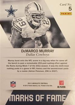 2012 Panini Absolute - Marks of Fame #5 DeMarco Murray Back