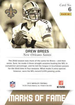 2012 Panini Absolute - Marks of Fame #6 Drew Brees Back
