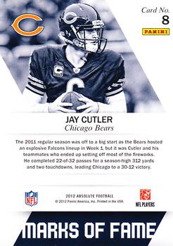2012 Panini Absolute - Marks of Fame #8 Jay Cutler Back