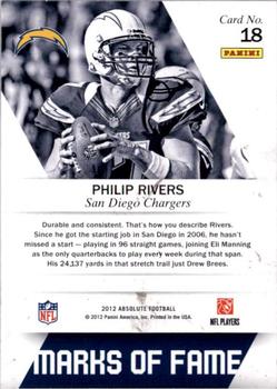 2012 Panini Absolute - Marks of Fame #18 Philip Rivers Back