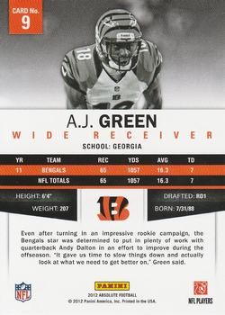 2012 Panini Absolute - Retail #9 A.J. Green Back