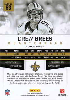 2012 Panini Absolute - Retail #63 Drew Brees Back