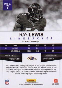 2012 Panini Absolute - Retail #7 Ray Lewis Back