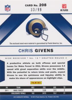2012 Panini Absolute - Rookie Premiere Materials AFC/NFC #208 Chris Givens Back