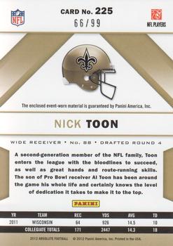 2012 Panini Absolute - Rookie Premiere Materials AFC/NFC #225 Nick Toon Back