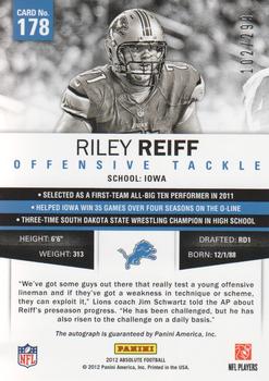 2012 Panini Absolute - Spectrum Gold Autographs #178 Riley Reiff Back