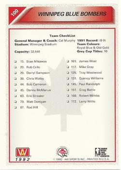 1992 All World CFL #100 Winnipeg Blue Bombers Checklist Back