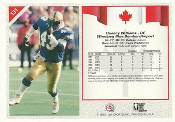 1992 All World CFL #131 Quency Williams Back