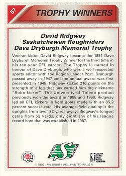 1992 All World CFL #57 David Ridgway Back