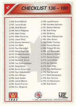 1992 All World CFL - Foil #91 Checklist 91-180 Back