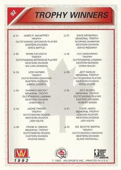 1992 All World CFL - Foil #92 Trophy Winners Checklist Back