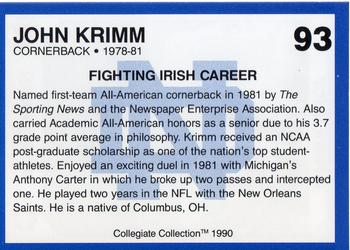 1990 Collegiate Collection Notre Dame #93 John Krimm Back