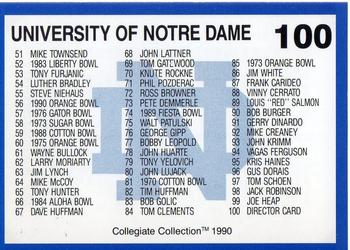 1990 Collegiate Collection Notre Dame #100 Checklist 1-99 Back