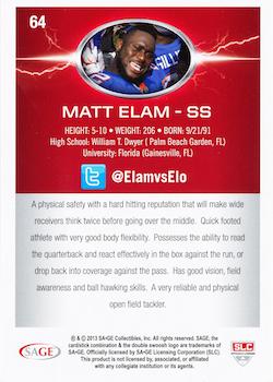2013 SAGE HIT #64 Matt Elam Back