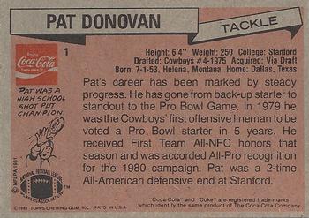1981 Topps Coca-Cola Dallas Cowboys #1 Pat Donovan Back
