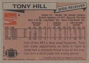 1981 Topps Coca-Cola Dallas Cowboys #4 Tony Hill Back