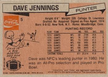1981 Topps Coca-Cola New York Giants #5 Dave Jennings Back