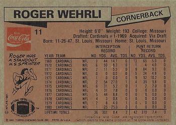 1981 Topps Coca-Cola St. Louis Cardinals #11 Roger Wehrli Back