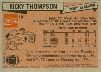 1981 Topps Coca-Cola Washington Redskins #10 Ricky Thompson Back