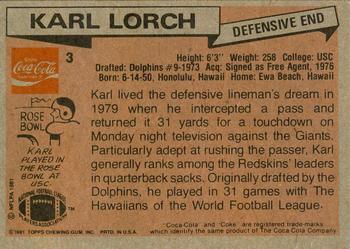 1981 Topps Coca-Cola Washington Redskins #3 Karl Lorch Back