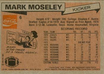1981 Topps Coca-Cola Washington Redskins #6 Mark Moseley Back