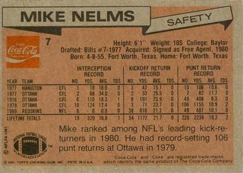 1981 Topps Coca-Cola Washington Redskins #7 Mike Nelms Back