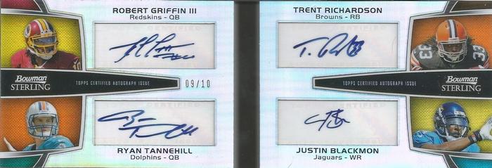 2012 Bowman Sterling - Quad Autographs #BSQA-GTRB Trent Richardson / Justin Blackmon / Robert Griffin III / Ryan Tannehill Front