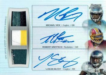 2012 Bowman Sterling - Triple Autographed Relic Patches #BSTAPVGM Michael Vick / Robert Griffin III / LeSean McCoy Front