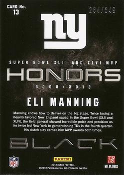 2012 Panini Black - Honors #13 Eli Manning Back