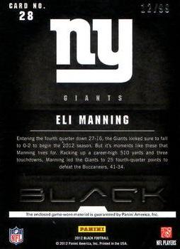 2012 Panini Black - NFL Equipment Combos #28 Eli Manning Back