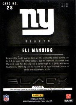 2012 Panini Black - NFL Equipment Prime Brand Logos #28 Eli Manning Back