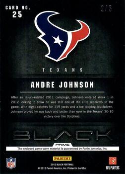 2012 Panini Black - NFL Equipment Prime Brand Logos #25 Andre Johnson Back