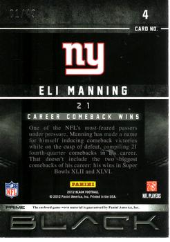 2012 Panini Black - Stat Line Materials Prime #4 Eli Manning Back