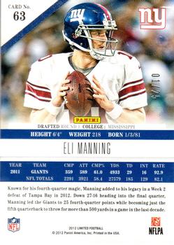 2012 Panini Limited - Gold Spotlight #63 Eli Manning Back