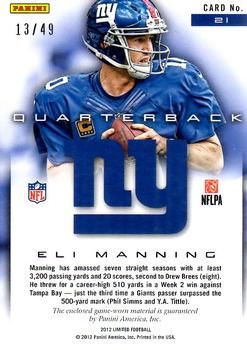 2012 Panini Limited - Jumbo Jerseys Jersey Number #21 Eli Manning Back