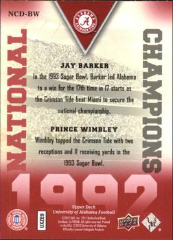 2012 Upper Deck University of Alabama - National Champions Dual #NCDBW Prince Wimbley / Jay Barker Back