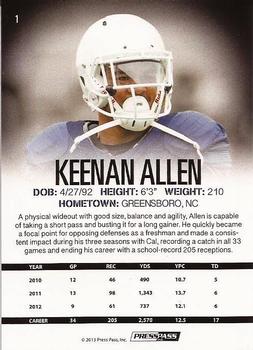 2013 Press Pass #1 Keenan Allen Back