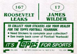 1984 Topps Stickers #17 / 167 James Wilder / Roosevelt Leaks Back
