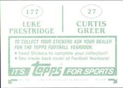 1984 Topps Stickers #27 / 177 Curtis Greer / Luke Prestridge Back