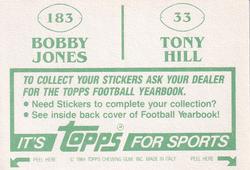 1984 Topps Stickers #33 / 183 Tony Hill /  Bobby Jones Back