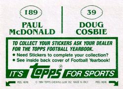 1984 Topps Stickers #39 / 189 Doug Cosbie / Paul McDonald Back