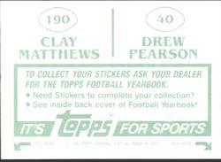 1984 Topps Stickers #40 / 190 Drew Pearson / Clay Matthews Back
