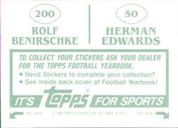 1984 Topps Stickers #50 / 200 Herman Edwards / Rolf Benirschke Back